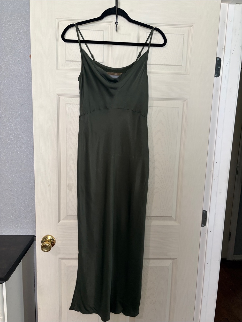 Anthropologie Olive Green Satin Slip Maxi Dress